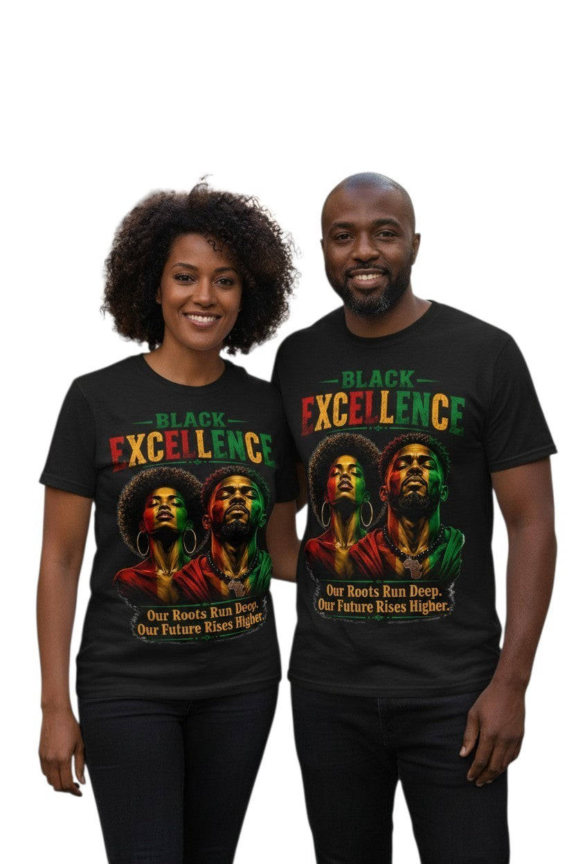 Black Excellence Couple "Our Roots Run Deep, Our Future Rises Higher" Retro Afrocentric Tee