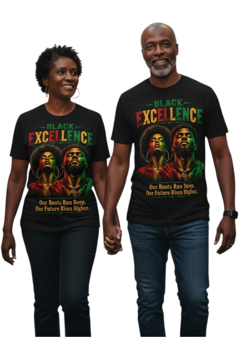 Black Excellence Couple "Our Roots Run Deep, Our Future Rises Higher" Retro Afrocentric Tee