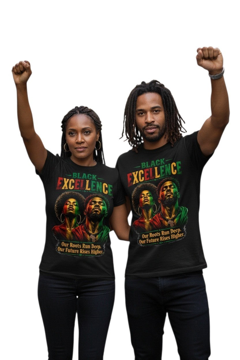 Black Excellence Couple "Our Roots Run Deep, Our Future Rises Higher" Retro Afrocentric Tee