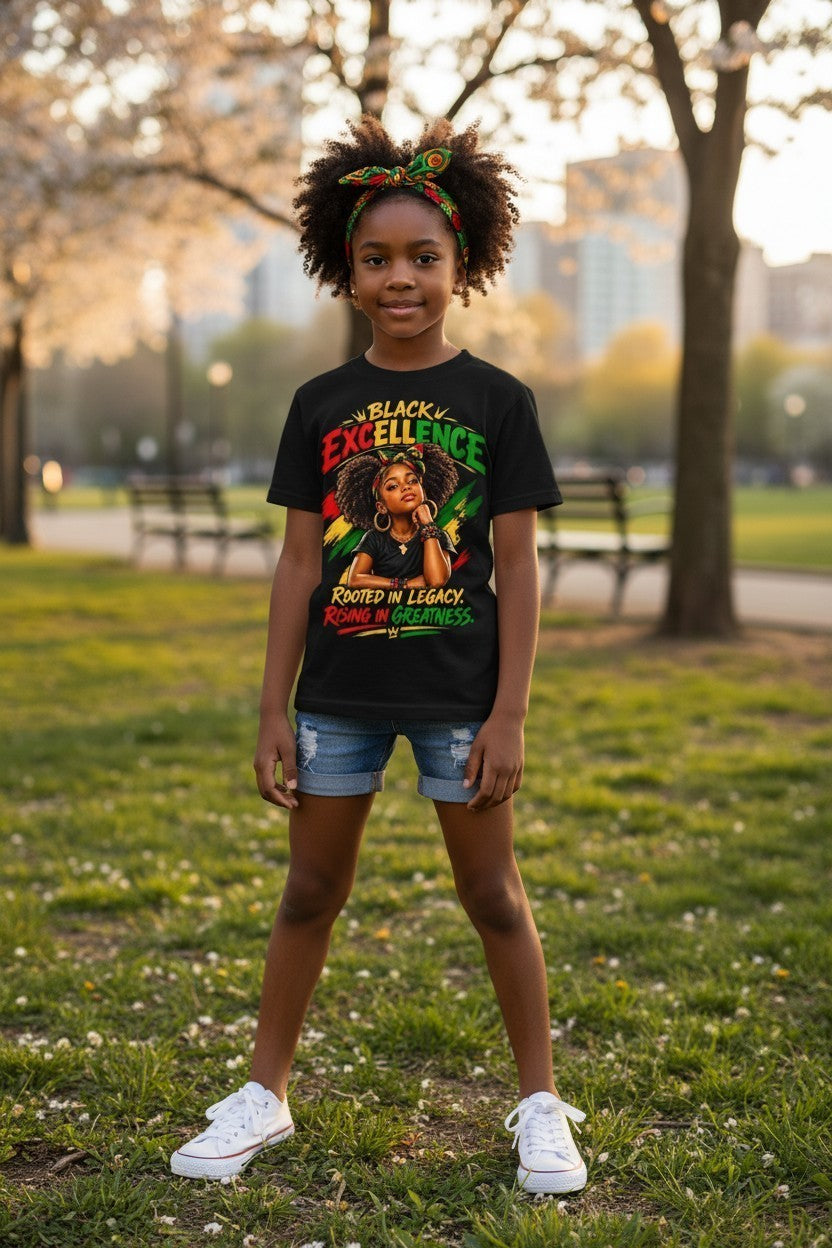 Black Excellence Girls: "Rooted in Legacy, Rising in Greatness" Kids Tee